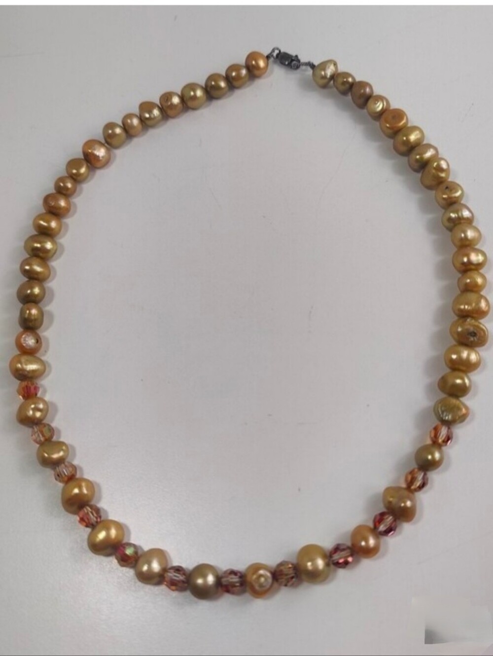 18” Golden Baroque Pearl Necklace 925 Sterling Clasp AB Crystal Beads